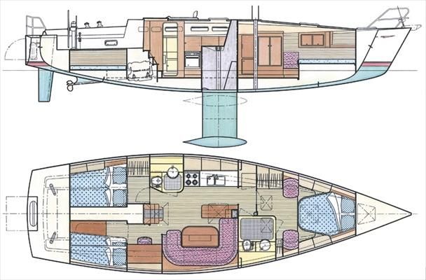 Line drawing of the Madeira 44 arrangement — the sail-plan profile above the accommodation plan.
