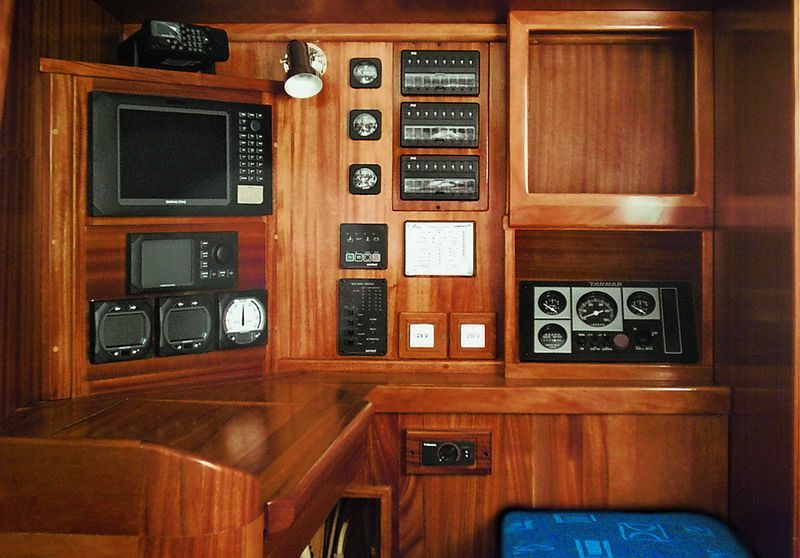 The chart table and navigation station with the Simrad chartplotter, instruments and electrical panel.
