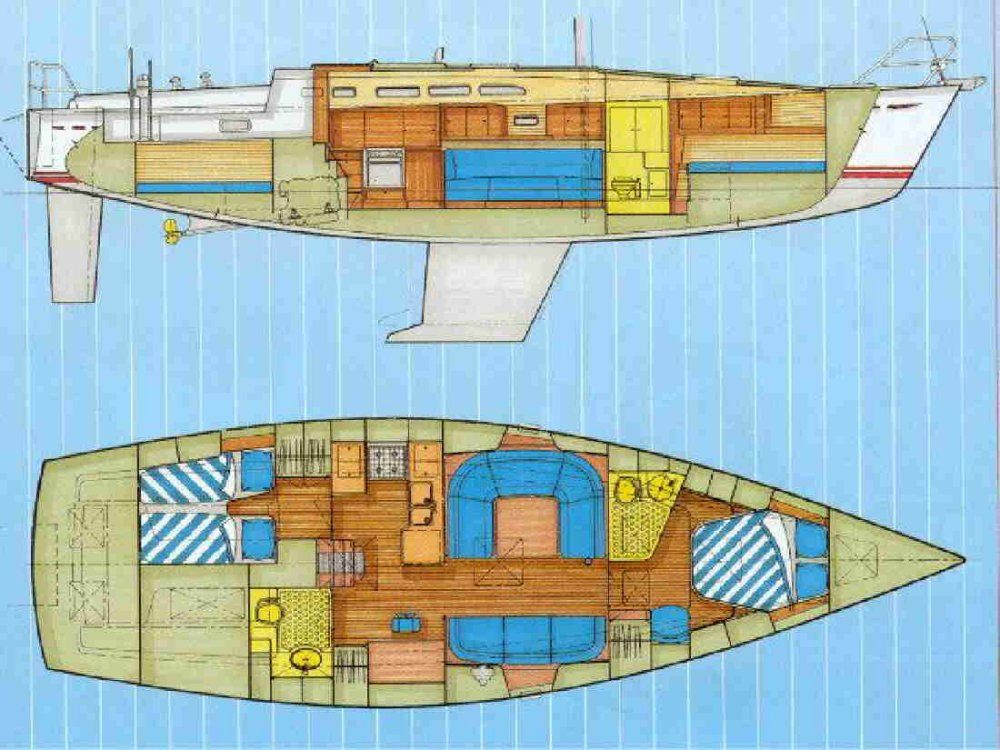 Van de Stadt general-arrangement drawing of the Madeira 44 — profile section above the accommodation plan.