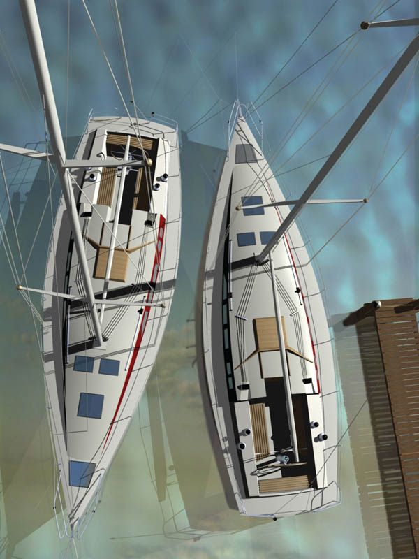 An overhead rendering of the Madeira 44 deck layout.