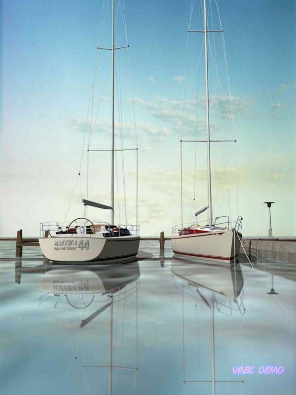 A rendering of the Madeira 44 lying alongside a dock.